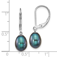 Sterling Silver Rhodium-plated 7-8mm Black Teardrop Freshwater Cultured Pearl Leverback Dangle Earrings