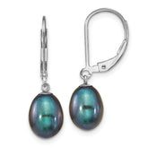 Sterling Silver Rhodium-plated 7-8mm Black Teardrop Freshwater Cultured Pearl Leverback Dangle Earrings