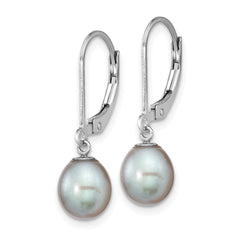 Sterling Silver Rhodium-plated 7-8mm Grey Teardrop Freshwater Cultured Pearl Leverback Dangle Earrings