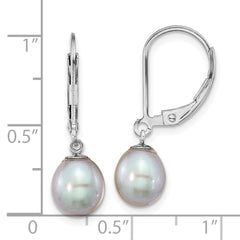 Sterling Silver Rhodium-plated 7-8mm Grey Teardrop Freshwater Cultured Pearl Leverback Dangle Earrings