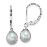 Sterling Silver Rhodium-plated 7-8mm Grey Teardrop Freshwater Cultured Pearl Leverback Dangle Earrings