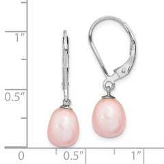 Sterling Silver Rhodium-plated 7-8mm Pink Teardrop Freshwater Cultured Pearl Leverback Dangle Earrings