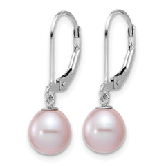 Sterling Silver Rhodium-plated 7-8mm Purple Teardrop Freshwater Cultured Pearl Leverback Dangle Earrings