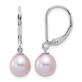 Sterling Silver Rhodium-plated 7-8mm Purple Teardrop Freshwater Cultured Pearl Leverback Dangle Earrings