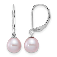Sterling Silver Rhodium-plated 7-8mm Purple Teardrop Freshwater Cultured Pearl Leverback Dangle Earrings