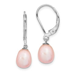 Sterling Silver Rhodium-plated 7-8mm Pink Teardrop Freshwater Cultured Pearl Leverback Dangle Earrings