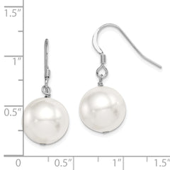Sterling Silver Rhodium-plated 12-13mm White Round Shell Bead Dangle Earrings