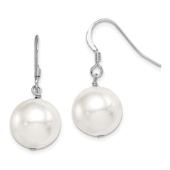 Sterling Silver Rhodium-plated 12-13mm White Round Shell Bead Dangle Earrings