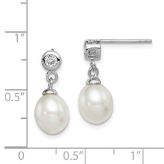 Sterling Silver Rhodium-plated 7-8mm White Rice Freshwater Cultured Pearl and CZ Post Dangle Earrings