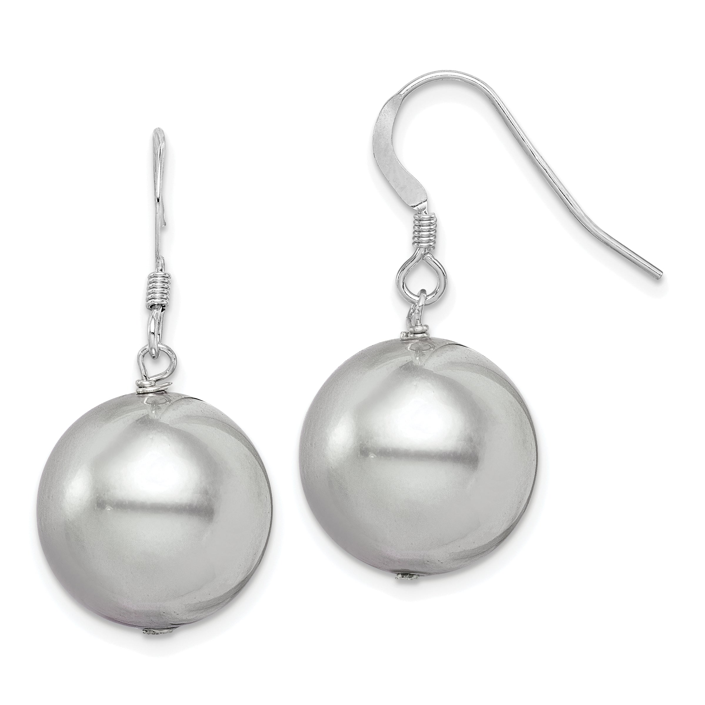 Sterling Silver Rhodium-plated 14-15mm Grey Round Shell Pearl Dangle Earrings