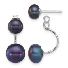 Sterling Silver Rhodium-plated 5-6mm and 8-9mm Black Button Freshwater Cultured Pearl Front and Back Post Dangle Earrings