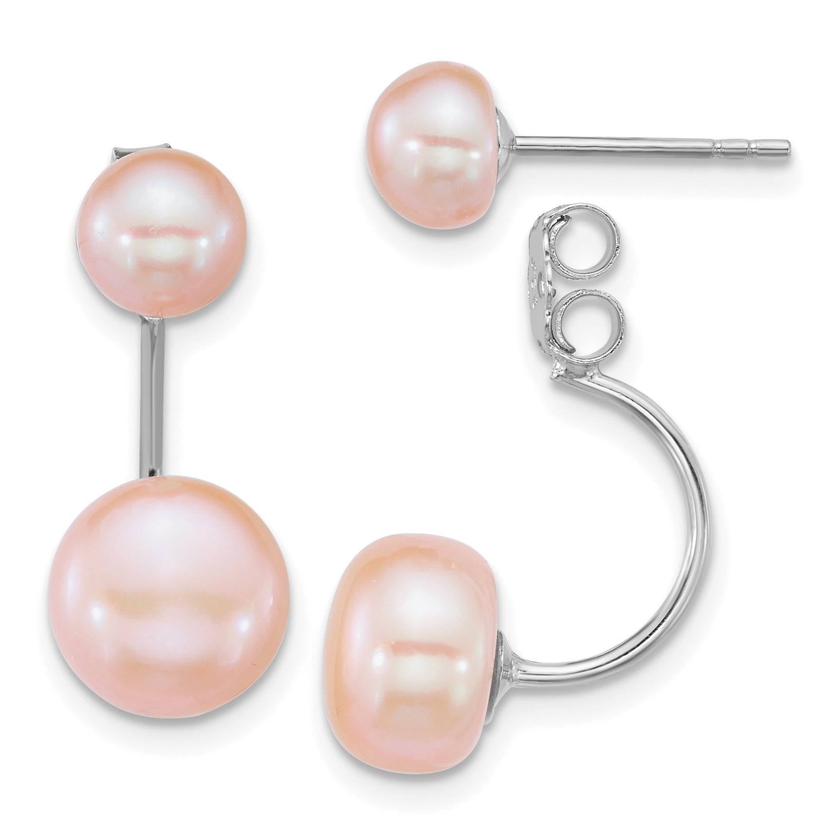 Sterling Silver Rhodium-plated 5-6mm and 8-9mm Pink Button Freshwater Cultured Pearl Front and Back Post Dangle Earrings