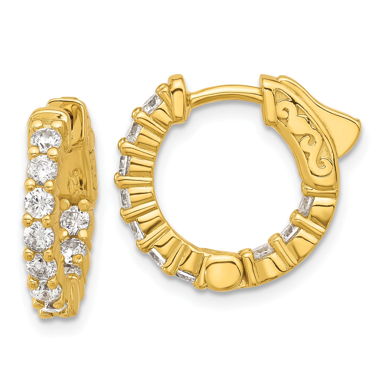 Sterling Shimmer Sterling Silver Gold-tone Flash Gold-plated 2.3mm CZ 20 Stone In and Out Hinged Hoop Earrings