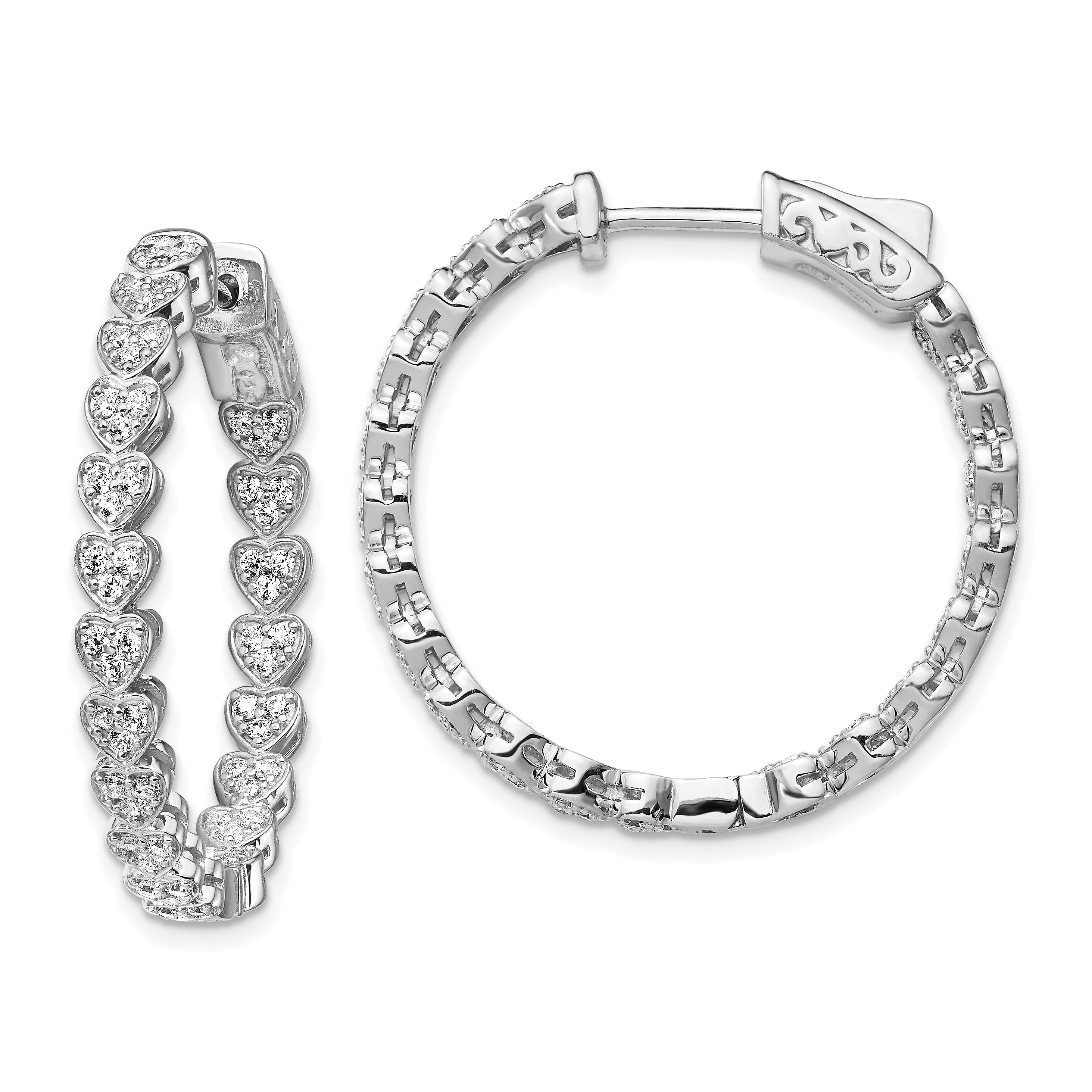 Sterling Shimmer Sterling Silver Rhodium-plated 120 Stone Heart Shaped 1.2mm CZ In and Out Round Hinged Hoop Earrings