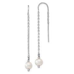 Sterling Silver Rhodium-plated 6-7mm White Semi-Round Freshwater Cultured Pearl Threader Earrings