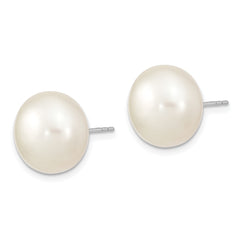 Sterling Silver Rhodium-plated 13-14mm White Button Freshwater Cultured Pearl Post Earrings