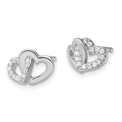 Sterling Silver RH-plated Polished w/CZ Double Heart Post Earrings