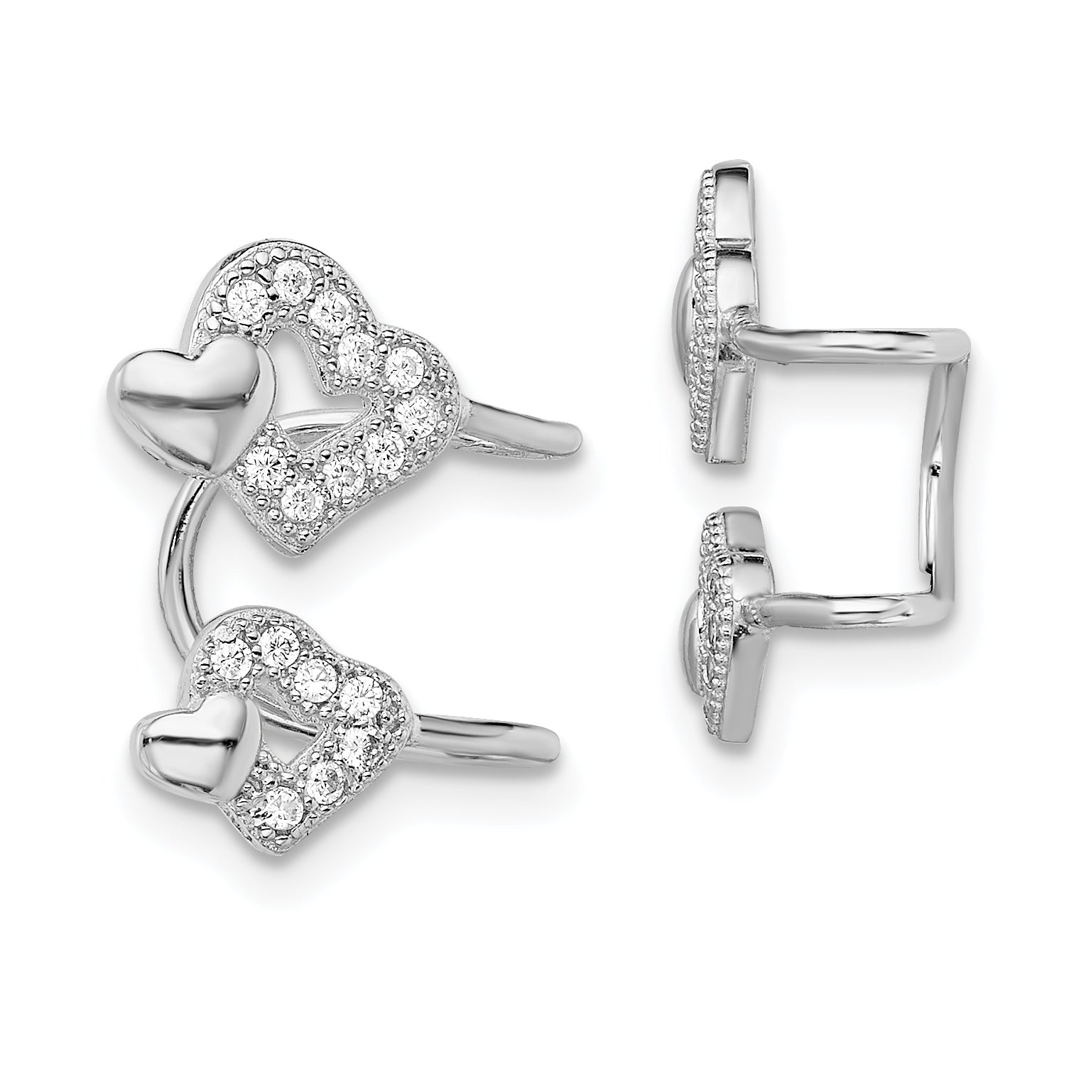 Sterling Silver Rhodium-plated Polished CZ Hearts Left Cuff Earring