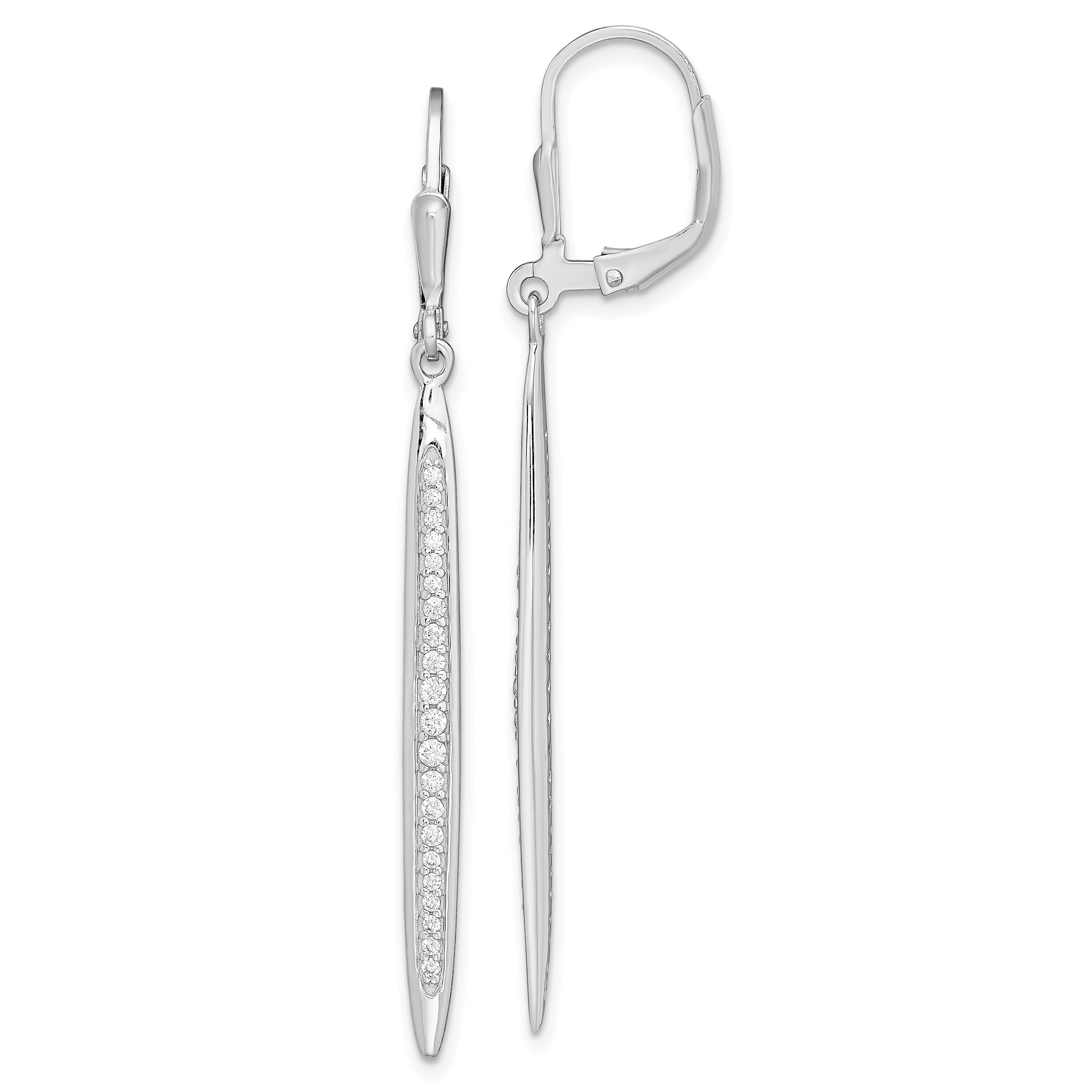 Sterling Silver Rhodium-plated Polished CZ Bar Leverback Dangle Earrings