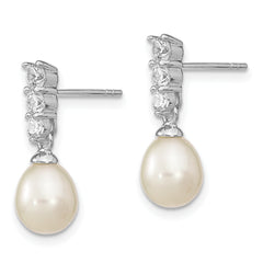 Sterling Silver Rhodium-plated 7-8mm White Rice Freshwater Cultured Pearl and CZ Post Dangle Earrings
