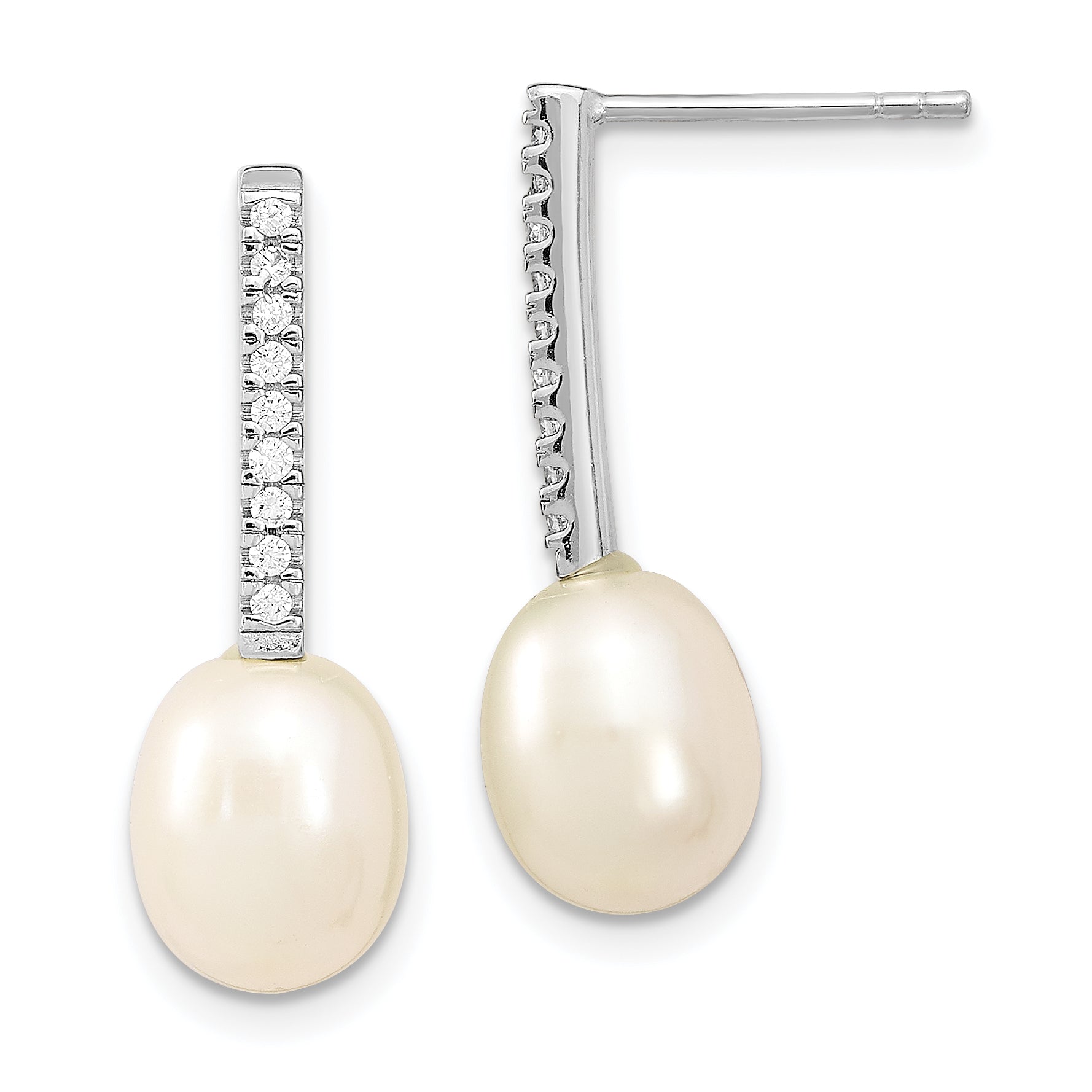 Sterling Silver Rhodium-plated 8-9mm White Rice Freshwater Cultured Pearl and CZ Post Dangle Earrings
