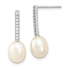 Sterling Silver Rhodium-plated 8-9mm White Rice Freshwater Cultured Pearl and CZ Post Dangle Earrings