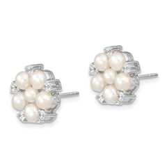 Sterling Silver Rhodium-plated 3-5mm White Button Freshwater Cultured Pearl and CZ Flower Post Earrings