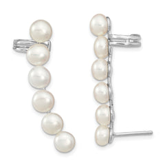 Sterling Silver Rhodium-plated 5-6mm White Button Freshwater Cultured Pearl Post Ear Climber and Cuff Earrings