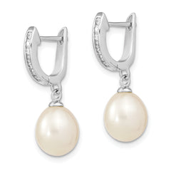 Sterling Silver Rhodium-plated 8-9mm White Rice Freshwater Cultured Pearl and CZ Dangle Hoop Earrings