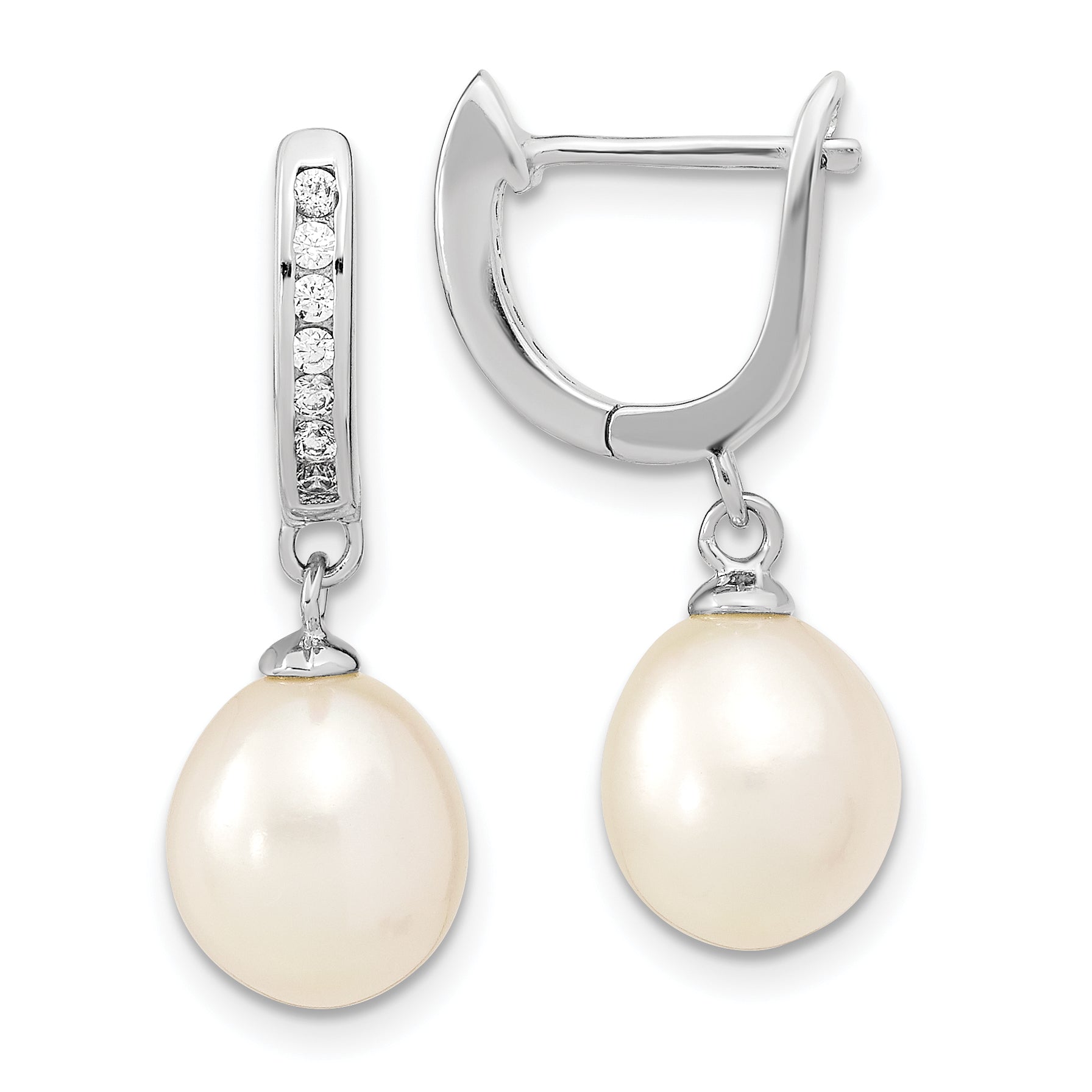 Sterling Silver Rhodium-plated 8-9mm White Rice Freshwater Cultured Pearl and CZ Dangle Hoop Earrings