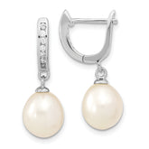 Sterling Silver Rhodium-plated 8-9mm White Rice Freshwater Cultured Pearl and CZ Dangle Hoop Earrings