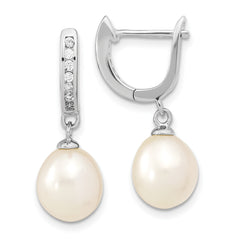 Sterling Silver Rhodium-plated 8-9mm White Rice Freshwater Cultured Pearl and CZ Dangle Hoop Earrings