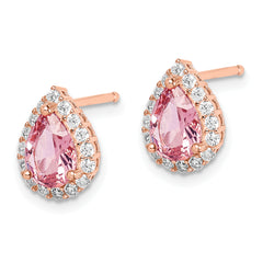 Sterling Silver Rose-tone Post CZ and Pear Teardrop Pink Crystal Earrings