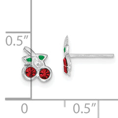 Sterling Silver Rhodium-plated Polished Red & Green Crystal Cherries Children's Post Earrings