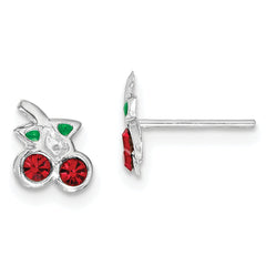 Sterling Silver Rhodium-plated Polished Red & Green Crystal Cherries Children's Post Earrings
