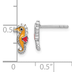 Sterling Silver Rhodium-plated Children's Polished and Multi-color Enameled Seahorse Post Earrings
