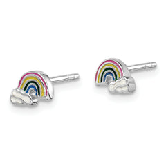 Sterling Silver Rhodium-plated Polished & Multi-color Enameled Rainbow & Clouds Children's Post Earrings