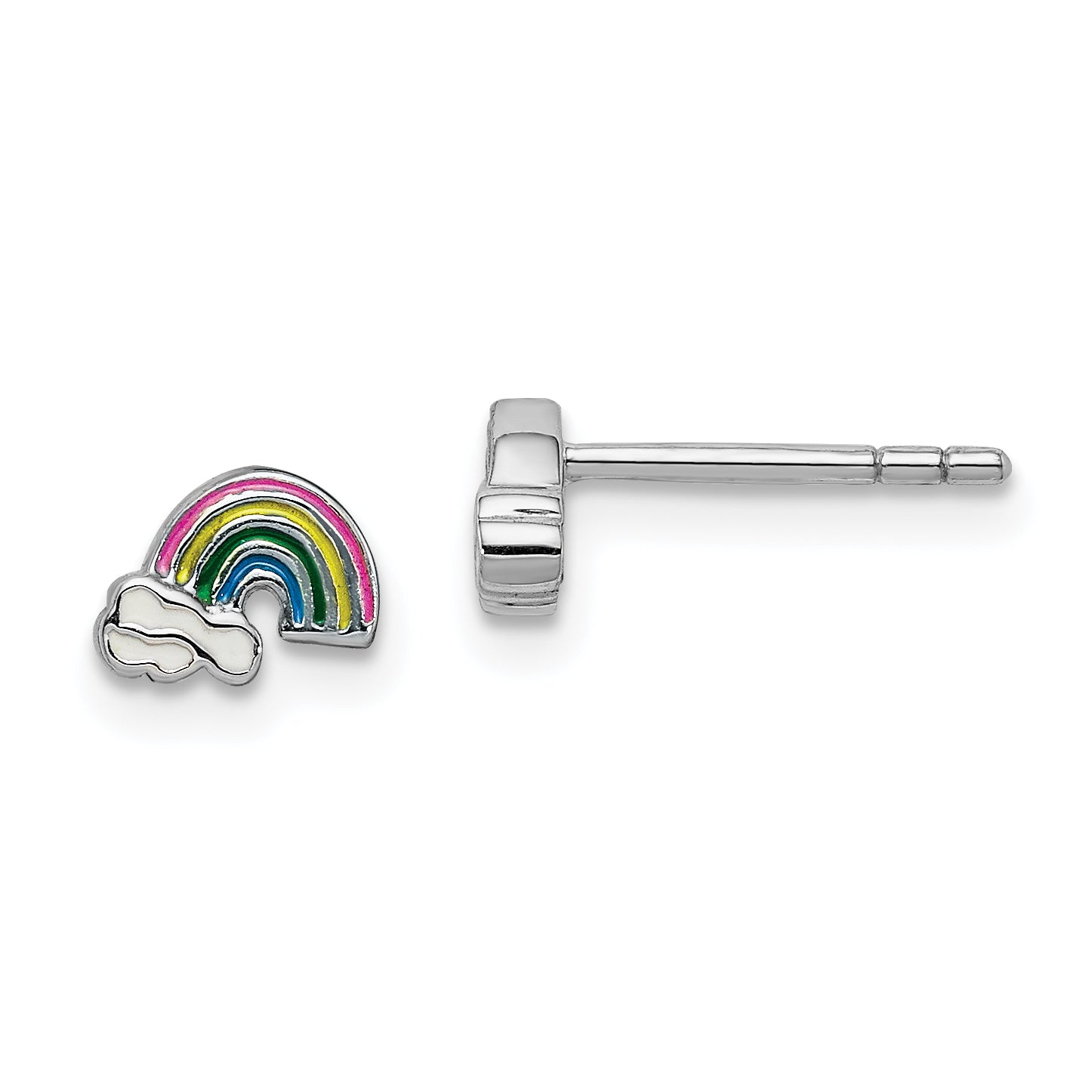 Sterling Silver Rhodium-plated Polished & Multi-color Enameled Rainbow & Clouds Children's Post Earrings