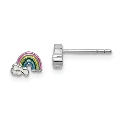 Sterling Silver Rhodium-plated Polished & Multi-color Enameled Rainbow & Clouds Children's Post Earrings
