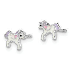 Sterling Silver Rhodium-plated Polished Multi-color Enameled Unicorn Children's Post Earrings