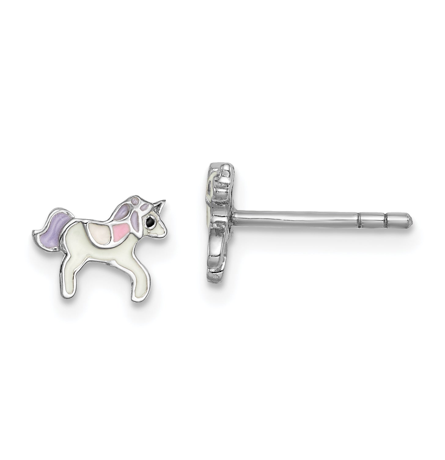 Sterling Silver Rhodium-plated Polished Multi-color Enameled Unicorn Children's Post Earrings