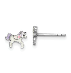 Sterling Silver Rhodium-plated Polished Multi-color Enameled Unicorn Children's Post Earrings
