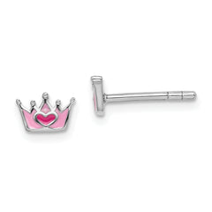 Sterling Silver Rhodium-plated Polished & Pink Enameled Heart Crown Children's Post Earrings