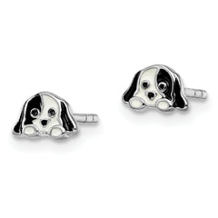Sterling Silver Rhodium-plated Polished Black & White Enameled Puppy Children's Post Earrings