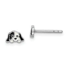 Sterling Silver Rhodium-plated Polished Black & White Enameled Puppy Children's Post Earrings