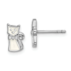 Sterling Silver Rhodium-plated Polished White Enameled Cat Children's Post Earrings