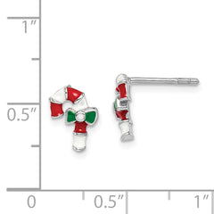 Sterling Silver Rhodium-plated Polished Multi-color Enameled Candy Cane Children's Post Earrings