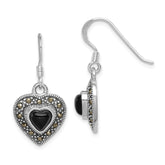 Sterling Silver RH-plated Antiqued Onyx & Marcasite Heart Dangle Earrings