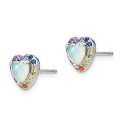 Prizma Sterling Silver Rhodium-plated Lab Created Opal and Colorful CZ Heart Post Earrings