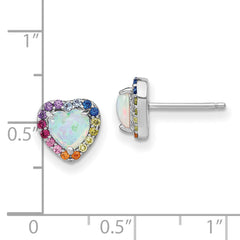 Prizma Sterling Silver Rhodium-plated Lab Created Opal and Colorful CZ Heart Post Earrings